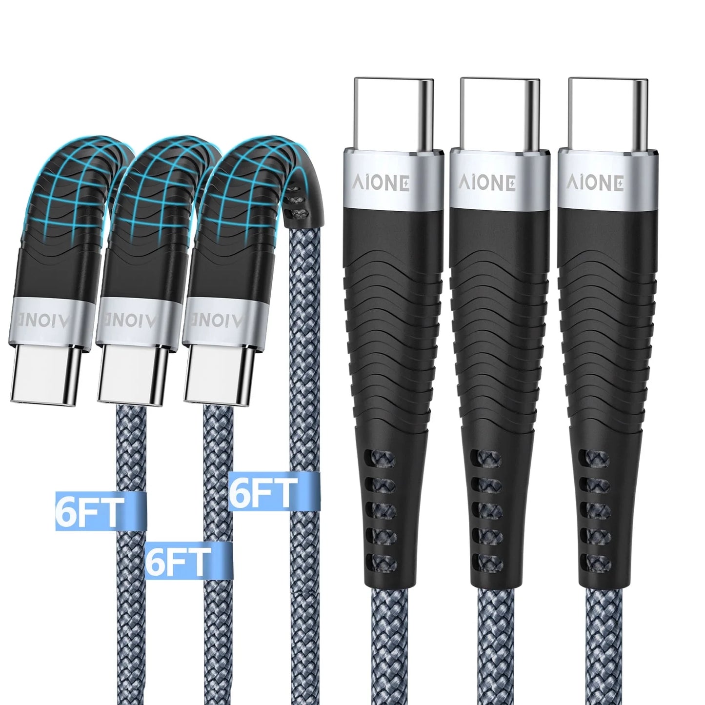 USB C Cable 6FT, 3-Pack - USB C to USB C Fast Charging Cable 60W/3A PD for iPhone 16/15, Samsung Galaxy, and iPad