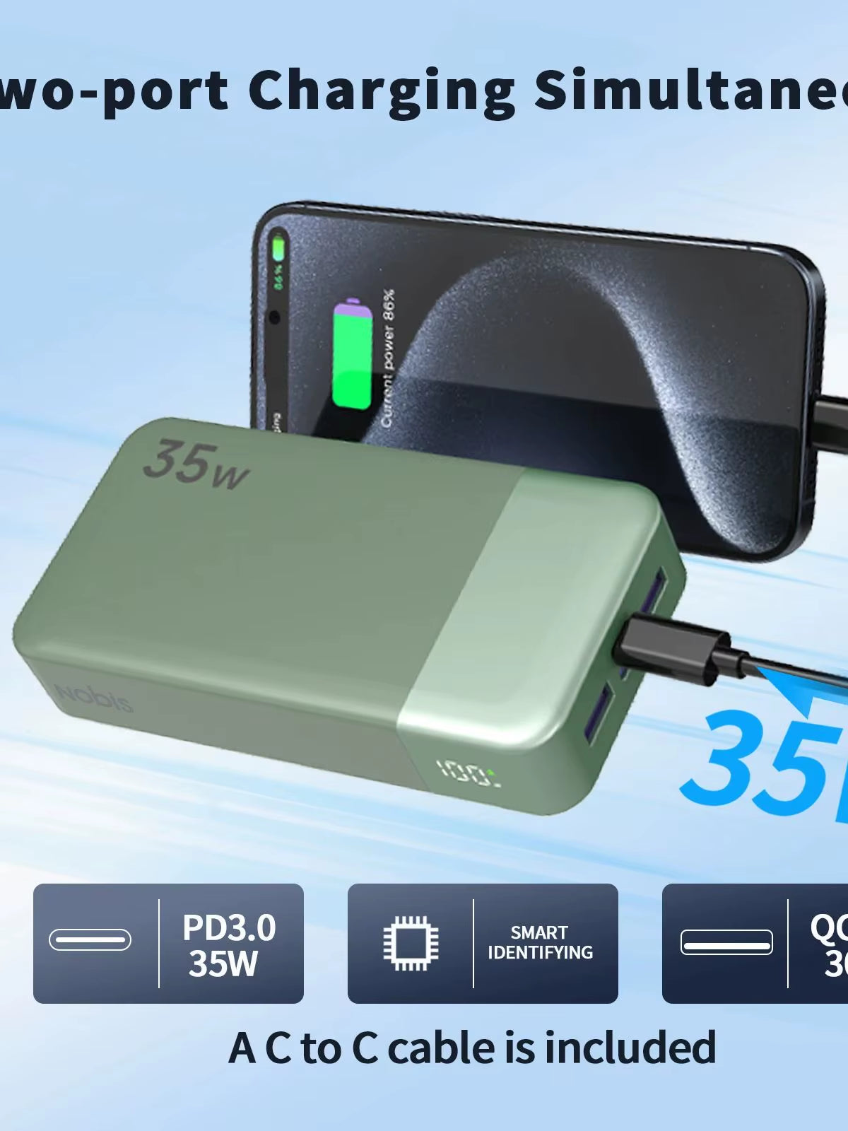 NOBIS 20,000mAh Portable Power Bank with 35W Fast Charging and USB-C Cable